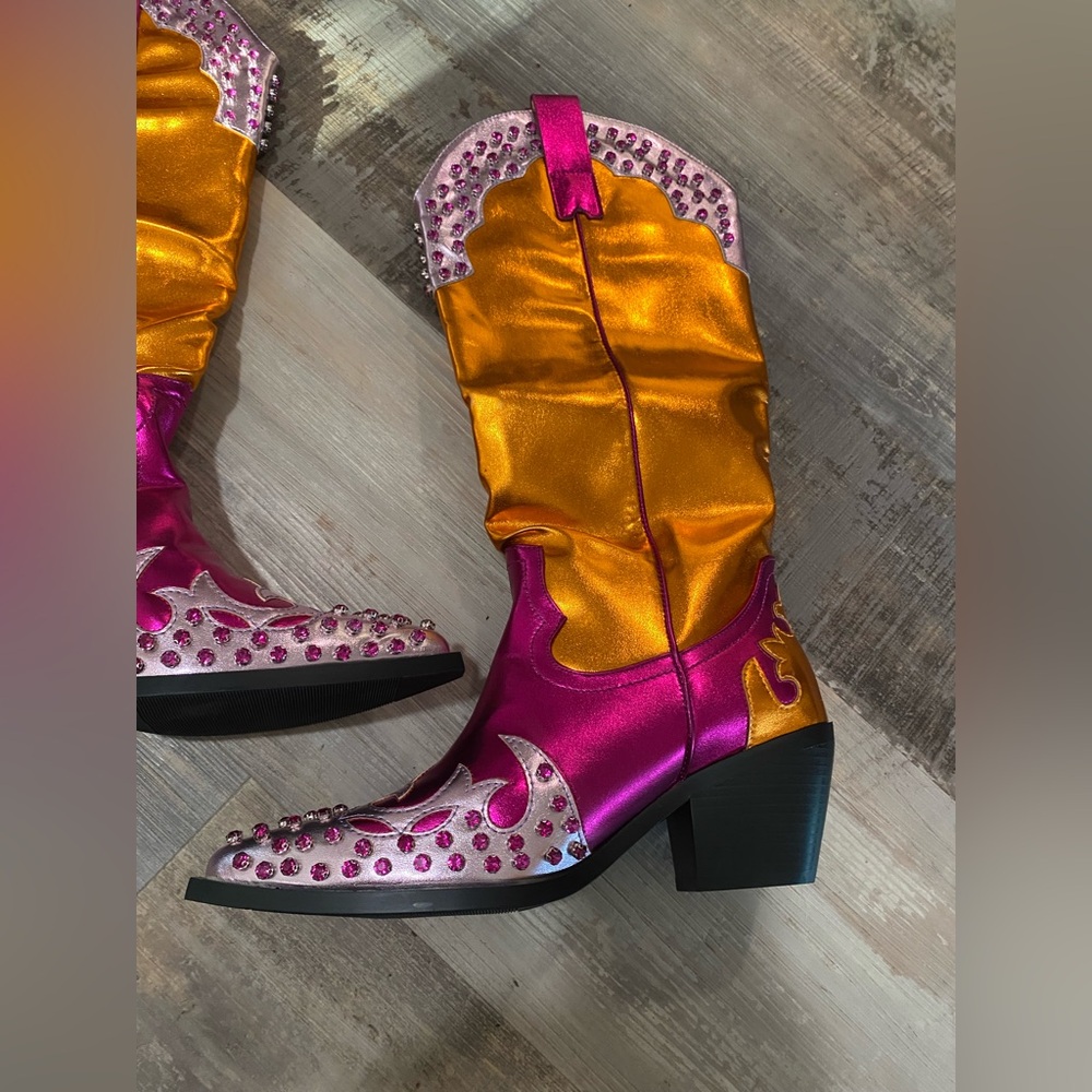 Azalea wang metallic rhinestone Pink and Orange Women's Western Boots NWOT - Picture 4 of 10